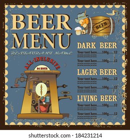 Beer menu with machine and men in barrel on vintage background.
