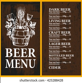 Beer menu on wood background with beer tun. Beer menu design contains images of  beer tun,hop and wheat on dark  wood background, text and place for price.