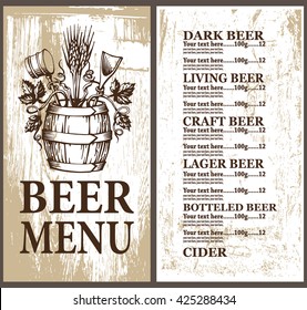 Beer menu on wood background with beer tun. Beer menu design contains images of  beer 
tun,hop and wheat on white wood background, text and place for price.