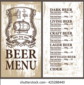 Beer menu on wood background with coat of arms. Beer menu design contains images of  coat of arms with beer mug,beer tun,hand,ribbon, place for price,text on white wood background.Graphical style.