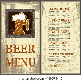 Beer menu on wood background. Beer menu template contains  images of beer mugs, vintage wood background and place for text and price. Vintage style.