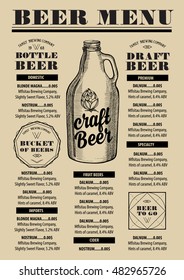 Beer menu placemat food restaurant brochure, template design. Vintage creative alcohol flyer with hand-drawn graphic.
