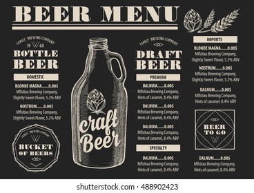 Beer menu placemat food restaurant brochure; template design. Vintage creative alcohol flyer with hand-drawn graphic.