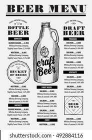 Beer menu placemat food restaurant brochure; template design. Vintage creative alcohol flyer with hand-drawn graphic.