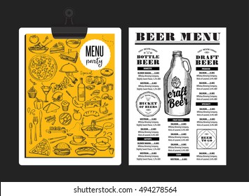 Beer menu placemat food restaurant brochure; template design. Vintage creative alcohol flyer with hand-drawn graphic.