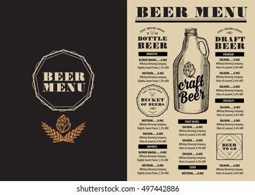 Beer menu placemat food restaurant brochure; template design. Vintage creative alcohol flyer with hand-drawn graphic.