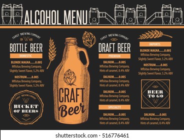 Beer menu placemat food restaurant brochure; template design. Vintage creative alcohol flyer with hand-drawn graphic.