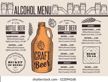 Beer menu placemat food restaurant brochure; template design. Vintage creative alcohol flyer with hand-drawn graphic.