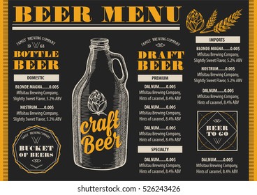 Beer menu placemat food restaurant brochure; template design. Vintage creative alcohol flyer with hand-drawn graphic.