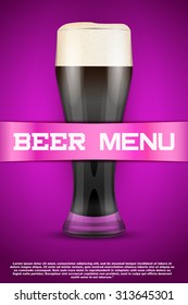 Beer menu poster or cover. Glass with beer and grain malt on background. Vector Illustration.