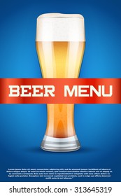 Beer menu poster or cover. Glass with beer and grain malt on background. Vector Illustration.