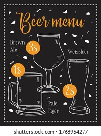 Bier-Menü-Poster mit Preisen. Ale, Lager und Weizenbier. Handgezeichnete Vektorgrafik auf schwarzem Hintergrund