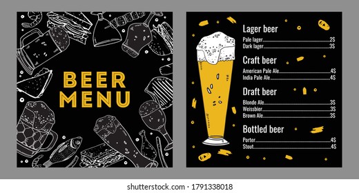 Beer menu print template. Two pages with list of drinks. Glasses and food graphics. Hand drawn outline and colorful vector sketch illustration on black background