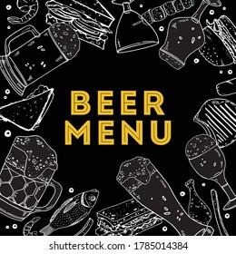 Beer menu. Rectangular frame with drink glasses and food. Hand drawn outline vector sketch illustration on black background