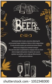 Beer menu for restaurant and cafe. Design template with hand-drawn graphic elements in doodle style.
