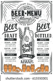 Beer menu for restaurant and cafe. Design template with hand-drawn graphic elements in doodle style.
