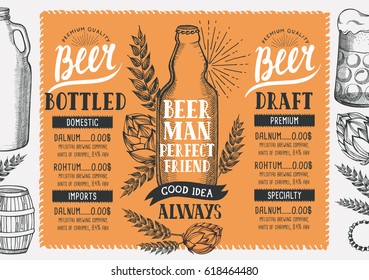 Beer menu for restaurant and cafe. Design template with hand-drawn graphic elements in doodle style.