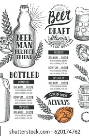 Beer menu for restaurant and cafe. Design template with hand-drawn graphic elements in doodle style.