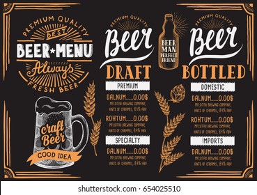 Beer menu for restaurant and cafe. Design template with hand-drawn graphic elements in doodle style.