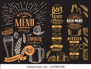 Beer menu for restaurant. Design template with hand-drawn graphic illustrations. Vector beverage flyer for bar.