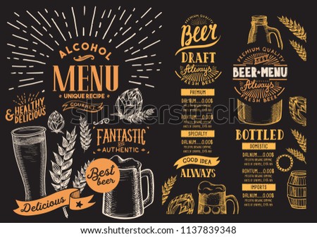 Beer menu for restaurant. Design template with hand-drawn graphic illustrations. Vector beverage flyer for bar.