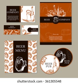 Beer menu. Retro card or flyer. Restaurant theme. Business cards collection. Vector illustration.