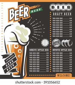 Beer menu retro design template. Pub price list with famous dark beer.