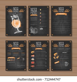 Beer Menu Set Design For Restaurant Cafe Pub Chalked On Wooden Textured Background Vector Illustration