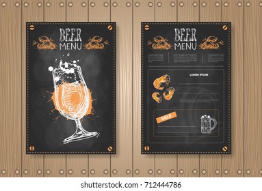 Beer Menu Set Design For Restaurant Cafe Pub Chalked On Wooden Textured Background Vector Illustration