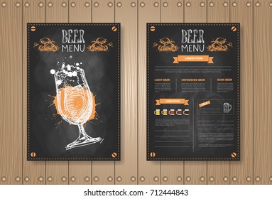 Beer Menu Set Design For Restaurant Cafe Pub Chalked On Wooden Textured Background Vector Illustration