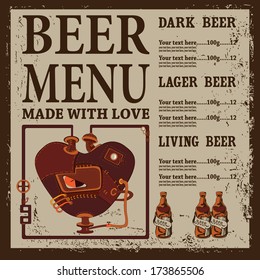 Beer menu with steam punk heart and place for text.