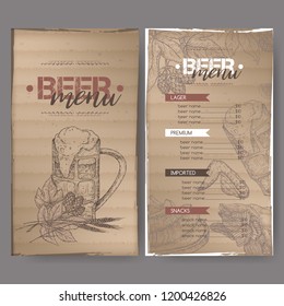 Beer menu template with beer keg and mug, hop branch, wheat, chips, nuts, chicken wings and snack plate. Great for bar, restaurant, cards and menu, pub signs, culinary design.