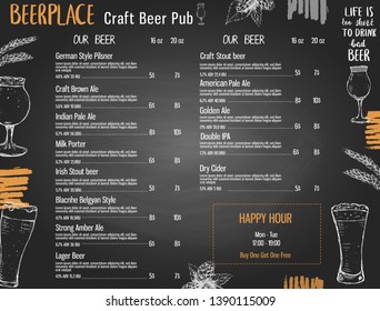 Beer menu template for pub or brewery with hand drawn elements and text on the blackboard