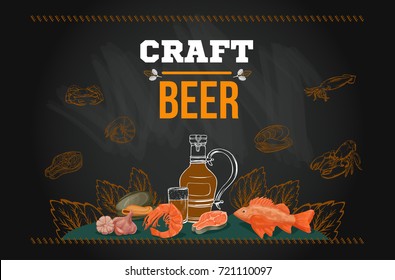 Beer menu template in sketch hand drawn style on chalkboard including bottles, glasses, growler, pint, hop, fish, shrimp, seafood, for poster or banner