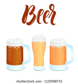 Beer menu template with vector glasses of beer and lettering sign.