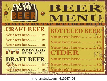 Beer menu.Beer menu design contains images of beer bottles and design pattern with text and place for price on vintage background.