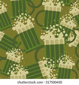 Beer military pattern. Mug alcohol army texture. Seamless protective for troops. Vector ornament for soldiers
