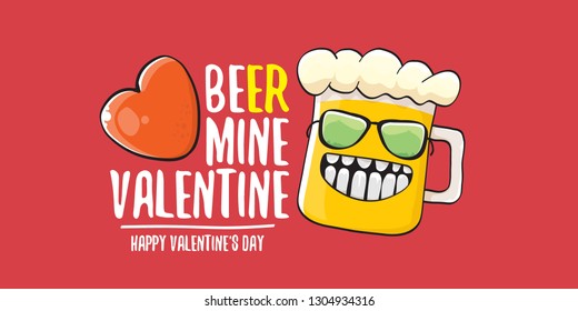 Beer mine valentines vector valentines greeting horizontal banner with beer glass cartoon character isolated on red background. Vector adult valentines day party poster design template 