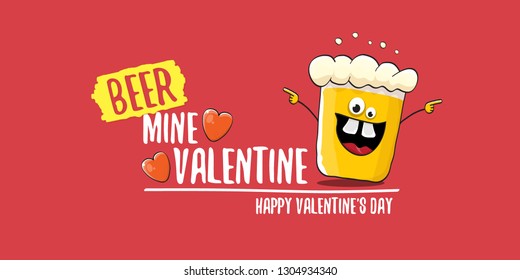 Beer mine valentines vector valentines greeting horizontal banner with beer glass cartoon character isolated on red background. Vector adult valentines day party poster design template 