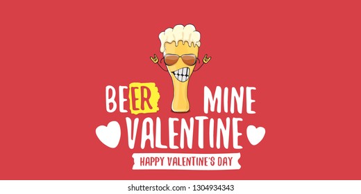 Beer mine valentines vector valentines greeting horizontal banner with beer glass cartoon character isolated on red background. Vector adult valentines day party poster design template 