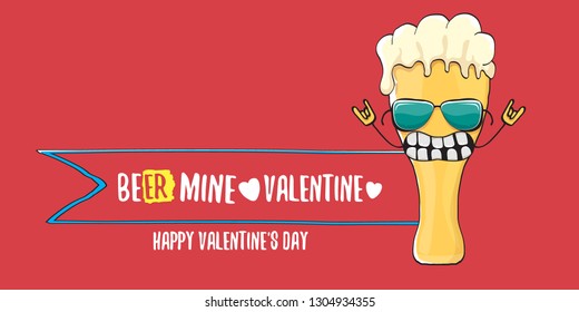 Beer mine valentines vector valentines greeting horizontal banner with beer glass cartoon character isolated on red background. Vector adult valentines day party poster design template 