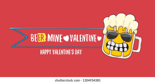 Beer mine valentines vector valentines greeting horizontal banner with beer glass cartoon character isolated on red background. Vector adult valentines day party poster design template 
