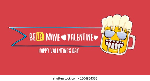 Beer mine valentines vector valentines greeting horizontal banner with beer glass cartoon character isolated on red background. Vector adult valentines day party poster design template 