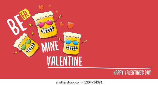 Beer mine valentines vector valentines greeting horizontal banner with beer glass cartoon character isolated on red background. Vector adult valentines day party poster design template 