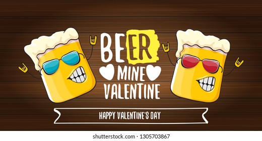 Beer mine valentines vector valentines greeting horizontal banner with beer glass cartoon character isolated on wooden background. Vector adult valentines day party poster design template
