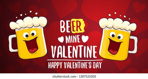Beer mine valentines vector valentines greeting horizontal banner with beer glass cartoon character on red background with hearts. Vector adult valentines day party poster design template