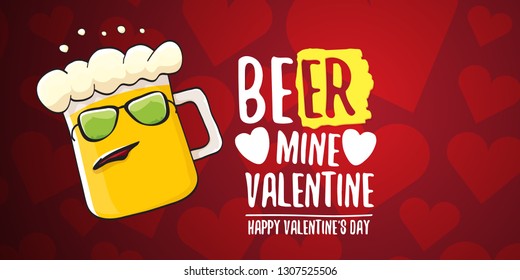 Beer mine valentines vector valentines greeting horizontal banner with beer glass cartoon character on red background with hearts. Vector adult valentines day party poster design template