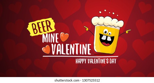 Beer mine valentines vector valentines greeting horizontal banner with beer glass cartoon character on red background with hearts. Vector adult valentines day party poster design template