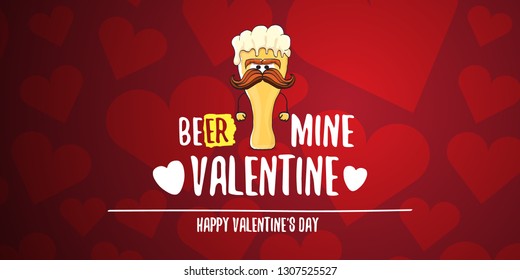 Beer mine valentines vector valentines greeting horizontal banner with beer glass cartoon character on red background with hearts. Vector adult valentines day party poster design template