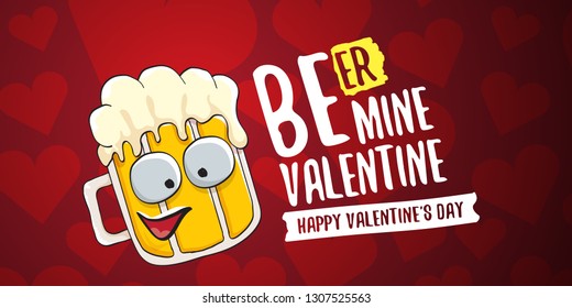 Beer mine valentines vector valentines greeting horizontal banner with beer glass cartoon character on red background with hearts. Vector adult valentines day party poster design template